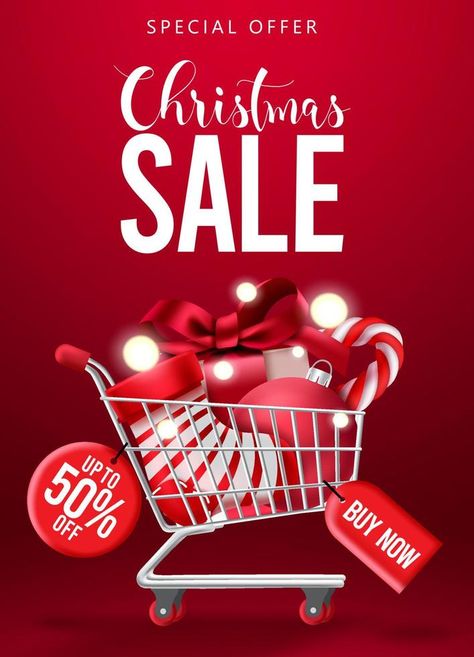 Christmas sale vector poster design. Christmas special offer promotion text with shopping cart elements for xmas holiday clearance design. Vector illustration. Xmas Promotion Design, Christmas Sales Flyer, Christmas Sales Flyer Design, Christmas Offer Poster, Clearance Sale Poster Design, Christmas Promotion Ideas, Christmas Sale Poster Design, Poster Noel, Christmas Design Graphic Illustration