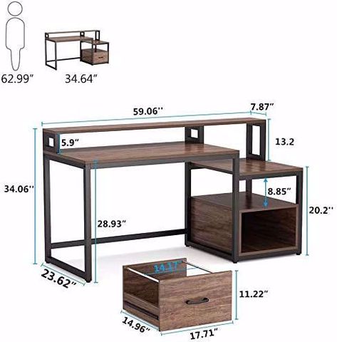 It is a multifunctional workstation integrating computer desk, hutch, printer cabinet. It can be served as a computer table, office workstation, study table, writing desk or gaming desk. The compact design makes this desk fits nicely in a small room and maximizes your home office workspace perfectly. Meja Industrial, Large Home Office, Computer Table Design, Office Desk With Hutch, Desk With File Drawer, Printer Cabinet, Computer Desk Design, Industrial Home Offices, Study Table Designs