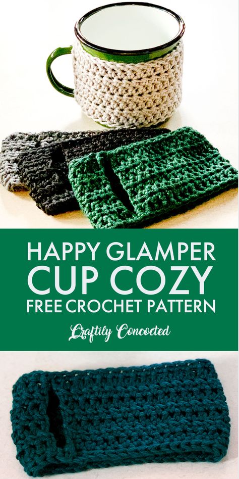 Try out this free crochet pattern and make your own mug cozy! #coffeecrochetrepeat #happyglampercozy #freecrochetpattern #freepattern #easycrochetpattern #leftycrochet #craftilyconcocted #coffeelovers #muglove #cupsleeve #mughug #mugsleeve #crochettutorial #quickcrochetmakes Cup Cozy Crochet Pattern, Mug Cozy Pattern, Happy Glamper, Crochet Mug Cozy, Crochet Coffee Cozy, Crochet Mignon, Confection Au Crochet, Crochet Cup Cozy, Cozy Crochet Patterns