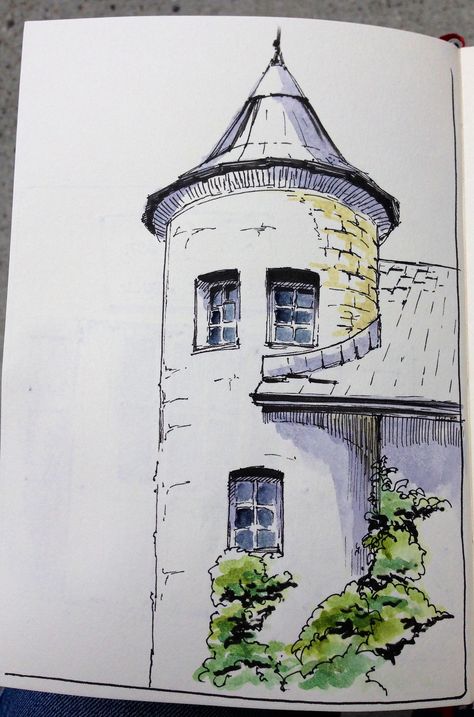 Cool Art Sketches Creative, Creative Things To Draw Sketchbooks, Landscape Drawing Sketch, Simple Architecture Drawing, Landscape Drawing Ideas, Architecture Drawing Sketchbooks, Building Drawing, Watercolor Architecture, Architecture Concept Drawings