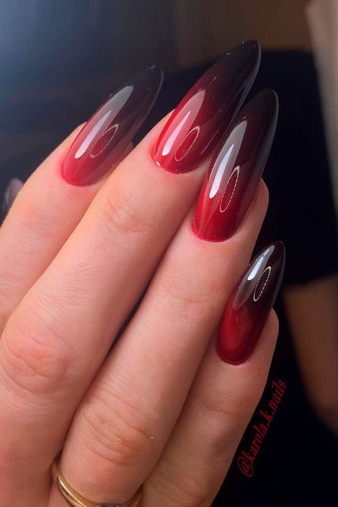 Long Almond Shaped Black and Red Ombre Nails Design Red And Black Nails Acrylic Oval, Deep Red Ombre Nails, Red Ombre Nails Design, Nail Red Ombre, Black Red Ombre Nails Coffin, Red Black Ombre Nails Almond, Black To Red Ombré Nails, Almond Red And Black Nails, Ombre Nails Black And Red