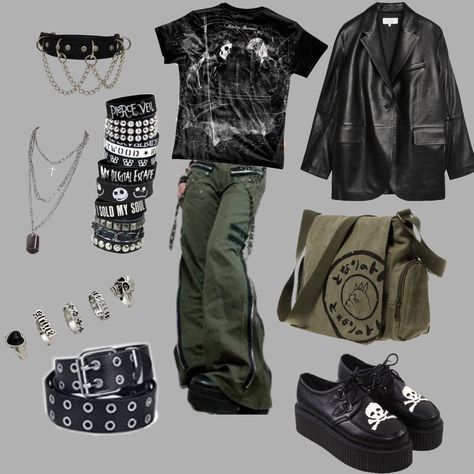 Punk Outfit Board, How To Dress Grunge, Soft Emo Outfits, Non Binary Outfit Ideas, Midwest Emo Fashion, Emo Punk Outfits, Grunge Jackets, Style Edgy Soft Grunge, Grunge Fashion Aesthetic