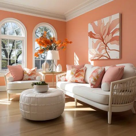 20 Beautiful Two Colour Combinations for Your Living Room - HearthandPetals Gold And Sage Living Room, Peachy Living Room, Orange Theme Living Room, Cream Color Living Room Ideas, Living Room Wall Color Ideas Modern, Peach Colour Wall, Peach Walls Living Room, Living Room Colours 2024, Peach Living Room Walls