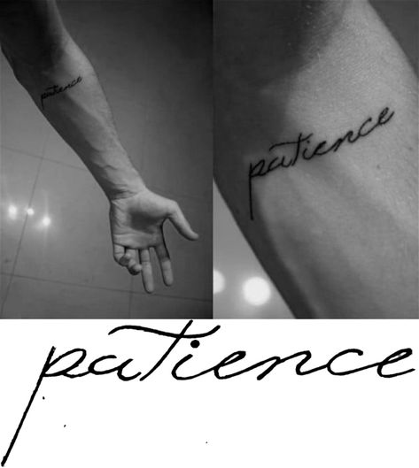Wrist Tattoos For Men With Meaning, Patience Tattoo Fonts, Optimism Tattoo, Men Simple Tattoo, God Tattoos For Men, Rocky Tattoo, Patience Tattoo, Tattoo Word, Tattoo Font For Men