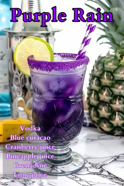 The Purple Rain cocktail is more than just a drink; it’s a vibrant celebration in a glass. Named after Prince’s iconic song and combining a dazzling array of flavors, this cocktail mixes blue curacao and grenadine to get a beautiful shade of purple. Ideal for festive occasions or when you simply want to impress, the Purple Rain is a surefire way to add a splash of color and excitement to any gathering. Purple Drinks Alcohol, Creative Alcoholic Drinks, Cocktails With Blue Curacao, Purple Rain Cocktail, Rain Cocktail, Unique Alcoholic Drinks, Bartender Drinks Recipes, Vodka Blue, Easy Cocktail Recipes