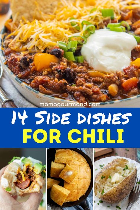 If you are wondering what to eat with chili, it's all here! Chili makes a filling meal on its own, but many people like to serve it with sides, breads, and finger foods when tailgating, watching the big game, hosting a chili cook-off, or party. What To Eat With Chili, Chili Side Dishes, Chili Sides, Chili Party, Chili Dinner, Chili Bar, Chili Toppings, Chili Cook Off, Best Side Dishes