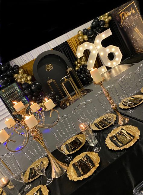 60th Black And Gold Birthday Party, 50th Birthday Gold Theme, Black Gold And White Party Decor, Black And Gold Hollywood Theme Party, Black White Gold Birthday Party, Silver Gold And Black Party Decor, Sweet 16 Party Ideas Gold And Black, Gold Silver And Black Party Decorations, Black And Gold Decorations Party Ideas