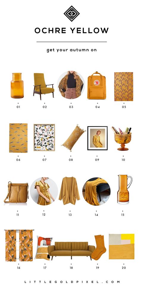 Ochre Color Trend • Little Gold Pixel • What's the deal with ochre? I dissect the color trend, give you 20 ways to rock the hue and a color palette to help you shop! #ochre #color #trend #colorpalette #mustard #yellow Mustard Sofa Living Room Colour Schemes, Ochre Aesthetic, Ochre Color Palette, Ochre Decor, Ochre Bedroom, Blue Fall Decor, Ochre Color, Toronto Houses, Silver Smithing