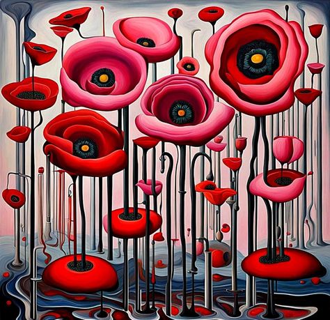 A.I. created surreal abstract composition of Poppy flowers, tubular structures,  pipes and amorphous forms in an arrangement which pleased the senses of the artist. Flowers, Composition, Abstract Composition, Poppy Flowers, The Senses, A A, The Artist