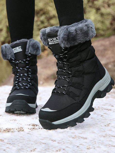 Black  Collar     Embellished   Women Shoes Cold Weather Boots Women, Snow Sneakers, Black Snow Boots, Puffer Style, Fur Cuffs, Cozy Boots, Cold Weather Boots, Soft Shoes, Black Puffer