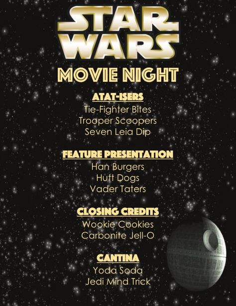 Star Wars Menu  Disney Family Movie Night May the Fourth Be With you Dinner And Movie Theme Date Night, Star Wars Movie Night Aesthetic, Movie Themed Family Dinners, Dinner And A Movie Menu Disney Family, Star Wars Themed Movie Night, Star Wars Menu Ideas, Movie Themed Date Night, Star Wars Theme Dinner, Movie Food Night