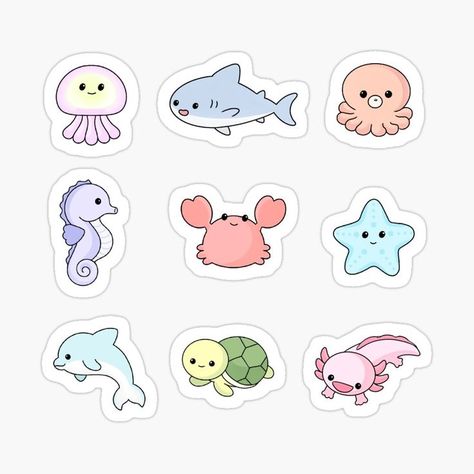 Cute Sea Animal Drawings Simple, Cute Ocean Doodles, Sea Animals Stickers, Cute Ocean Drawings, Water Animals Drawing, Ocean Creatures Drawings, Cute Animal Drawings Easy, Lukisan Haiwan, Ocean Stickers