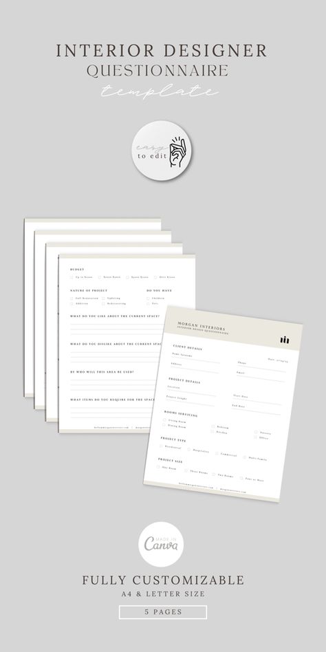 Interior Designer Client Questionnaire Template | Onboarding Questions Canva | Quesions for Client | Interior Design Forms Interior Design Questionnaire, Client Intake Form, Client Questionnaire, Intake Form, Questionnaire Template, Onboarding Process, Online Printing Services, Letter Size, Creative Business