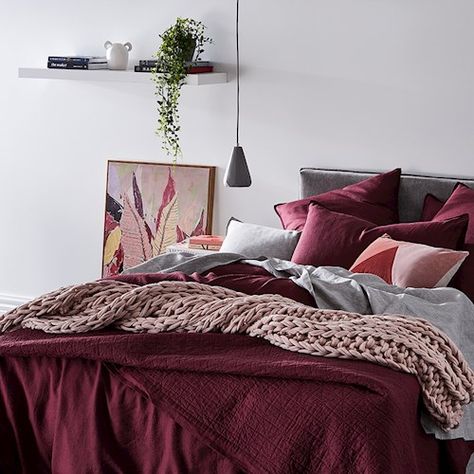 Maroon Comforter Bedroom, Burgundy And Gray Bedroom, Burgundy Bed, Mauve Bedding, Dark Oak Furniture, Burgundy Bedding, Burgundy Bedroom, Hygge Bedroom, Future Bedroom Ideas