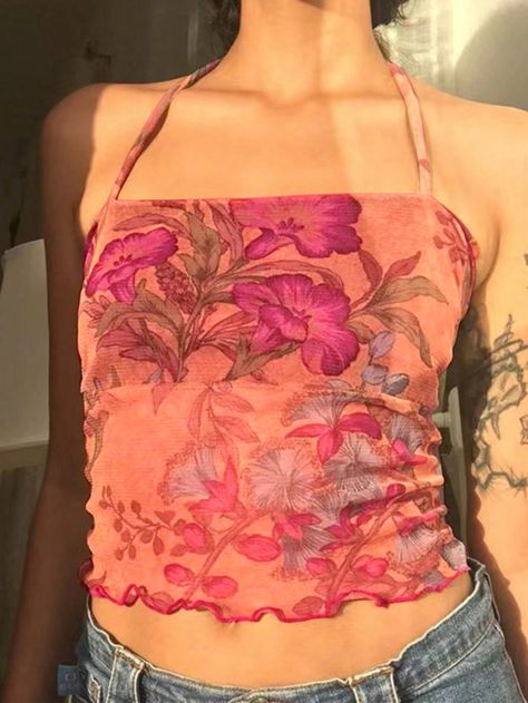 Rose Red Sexy Collar  Polyester Floral,Plain,Plants,All Over Print Halter Embellished Medium Stretch  Women Clothing Outfit Inspo Casual, Women Tank Tops, Summer Floral, Tank Top Cami, Halter Neck, All Over Print, Women Clothing, Summer Women, Neck Tie