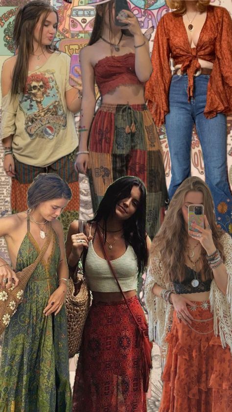 Hippies, Sublime Outfit Ideas, Bohemian Style Aesthetic, Romani Outfit Aesthetic, Hippie Concert Outfit Ideas, Hippie Inspo Outfit, Modern Hippy Outfits, 80s Hippie Aesthetic, Fairy Hippie Outfits