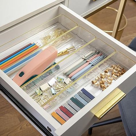 Martha Stewart Kerry Plastic Stackable Office Desk Drawer Organizers, 9" x 3", 8 Pack, with Gold Trim Office Desk Decor For Work Cubicle, Stackable Organizers, Office Desk Drawer, Desk Drawer Organizers, Office Inspiration Workspaces, Office Decor Workplace, Office Drawer Organization, Desk Drawer Organizer, Office Organization Tips