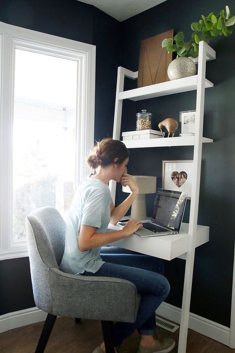 Last week, when I shared the evolution of our home after the three years moving in, I shared this current photo below of our study. It’s at the very front of our house, directly to the right when you open the front door. It has a full wall of windows and although it’s small in size, it’s big on functionality. It used to look like this–eek!: The biggest bang of functionality came mainly due to the desk we added in here about a year and a half ago when my workload for the blog and other project... Small Room Design, Desk In Bedroom Layout, Små Rum Lidt Plads, Small Home Offices, Bilik Tidur, Small Home Office, Tiny Bedroom, Modern Home Office, Small Space Living