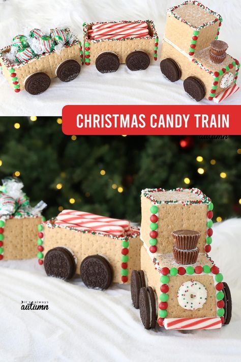 Make this adorable Christmas candy train with your kids! Fun Christmas craft. It's made with graham crackers, so it's much easier than baking gingerbread. Natal, Gram Cracker Gingerbread House, Christmas Candy Train, Making Gingerbread Houses, Graham Cracker Gingerbread, Graham Cracker House, Graham Cracker Gingerbread House, Candy Train, Homemade Gingerbread House