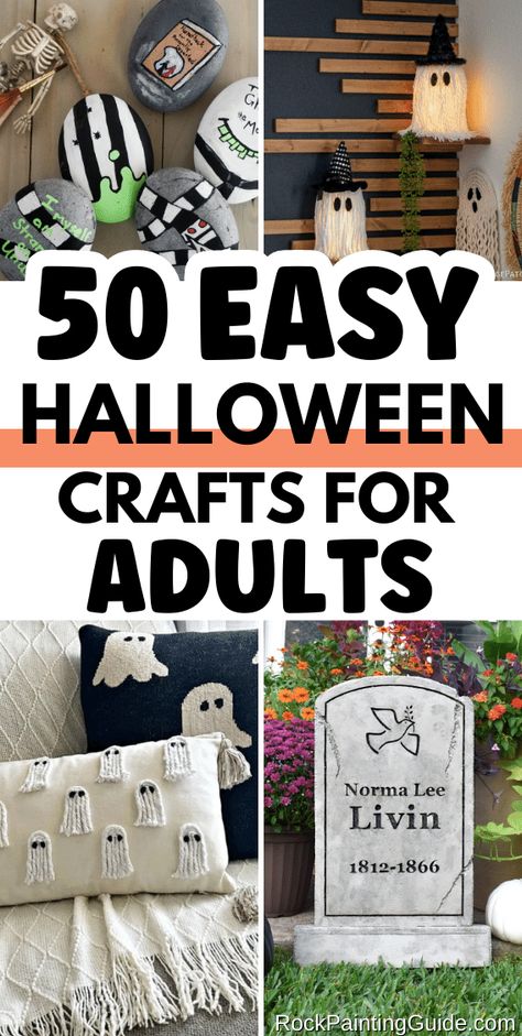 Inside: Discover 50 super easy adult crafts for Halloween that will transform your home into a spooky haven! Get inspired with creative Halloween wreath ideas, spooky welcome mats, delightful candy corn crafts, and much more. You’re bound to fall in love with these bewitching DIY projects! Halloween Crafts To Do At Home, Halloween Crafts For All Ages, Halloween Art For Adults, Crafts For Adults Fall, Small Fall Crafts For Adults, Fall Diy Decor To Sell, Halloween Crafts With Friends, Halloween Party Crafts For Adults, Easy Diy Halloween Crafts To Sell