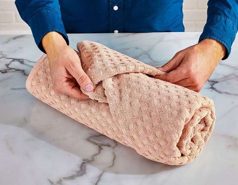 Folding Towels For Bathroom, Towel Folding Techniques, Bath Towel Roll, How To Fold Towels Into Rolls, How To Roll A Towel Bathroom Storage, Guest Towel Folding, Fancy Fold Towels, How To Roll Bath Sheets, How To Fold Towels For Airbnb