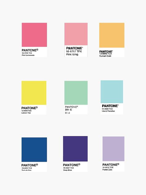 "Mini Pantone Color Swatch" Sticker by Skyblue843 | Redbubble Neon Color Room Aesthetic, Bright Pantone Color Palette, Color Palette 9 Colors, Preppy Color Scheme, Pantone Pastel Colors, Pantone Aesthetic Color Palettes, Indie Color Palette, 9 Color Palette, Pantone Color Swatches