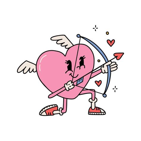 Groovy Cartoon, Heart Mascot, Valentine Drawing, Valentine Cartoon, Valentines Day Cartoons, Valentine's Day Illustration, Valentines Day Drawing, Valentine Poster, Arrow Heart