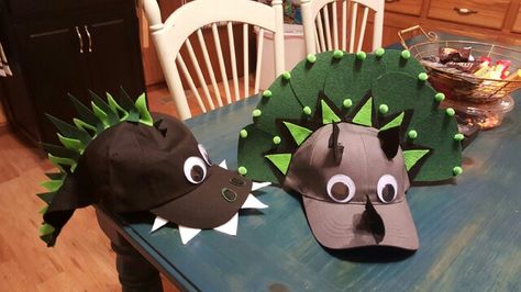 I made the boy's Crazy Hat Day hat's! They turned out great! Crazy Hat Day Ideas For Kids, Dinosaur Hats, Diy Dinosaur Costume, Costume Dinosaure, Lollipop Birthday, Dino Costume, Crazy Hat, Dragon Hats, Dinosaur Hat