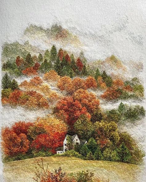 These Embroidered Landscapes by Katrin Vates are Beautiful Brazilian Embroidery, Couture, Brazilian Embroidery Stitches, Fall Starts, Embroidery Wall Art, Landscape Art Painting, Embroidery Book, Thread Painting, Sewing Embroidery Designs