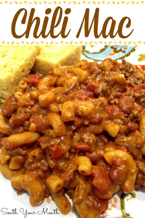 Creamy, cheesy, easy Chili Mac recipe with ground beef, chili beans and seasoning, macaroni pasta and gobs of cheese. #chilimac #chili #easy #groundbeef Easy Chili Mac Recipe, Chili Mac Recipe Easy, Easy Chili Mac, Chili Macaroni, Chili Mac Recipe, Recipe With Ground Beef, Ground Beef Chili, Chili Beans, Chili Mac And Cheese