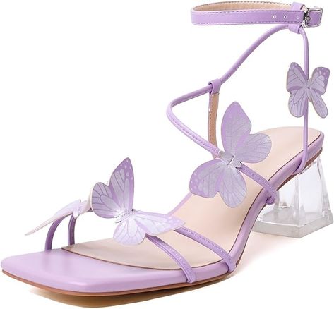 Amazon.com: Zamikoo Women's Heeled Sandals, Square Open Toe Ankle Strap Block Heels, Strappy Butterfly Clear Heels Chunky Low Purple Heels 2 Inches US Size 5 : Clothing, Shoes & Jewelry Butterfly Heels, Butterfly Sandals, Heels Strappy, Butterfly Embellishment, Butterfly Shoes, Cap Toe Shoes, Heels Chunky, Clear Block Heels, Purple Heels