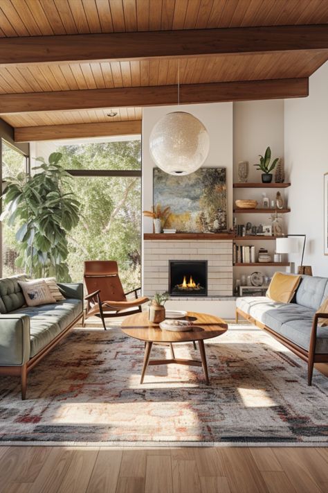 High Pitched Ceiling Living Room, 60s California House, Midcentury Home Design, Mcm Industrial Living Rooms, 1970s Interior Design Living Rooms, Mid Century Modern Lake House, No Tv Living Room, Scandinavian Bohemian Interior, 70s Beach House