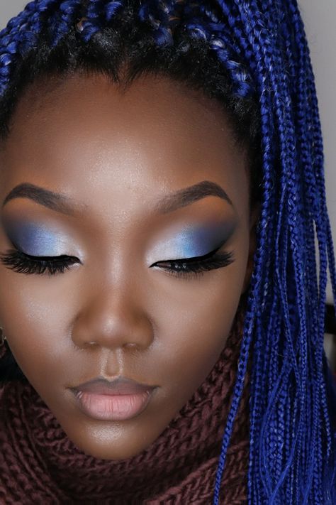 Blue And Gray Eyeshadow Looks, Makeup For White And Blue Dress, Royal Blue Makeup Ideas For Prom, Silver And Light Blue Eye Makeup, Silver Eye Makeup Prom, Blue Eyeshadow Makeup Black Women, Black Blue Makeup, Blue Icy Makeup Looks, Blue And Gold Makeup Looks Black Women
