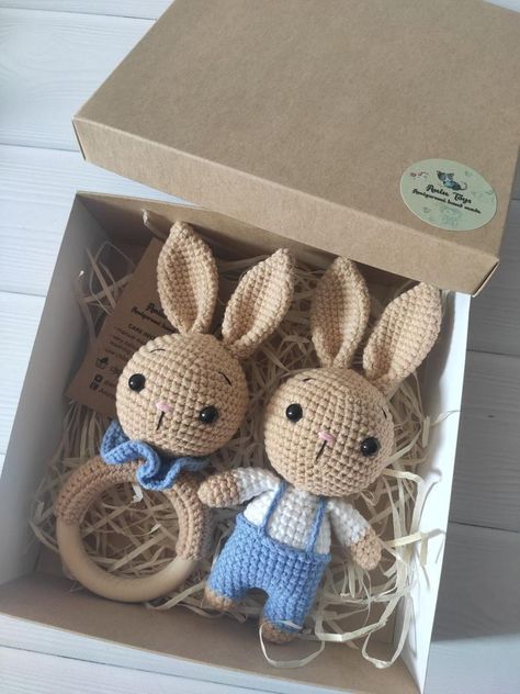 Amigurumi Patterns, Wooden Baby Rattle, Baby Shower Box, Toy Rabbit, Shower Box, Toy Gifts, Rabbit Gifts, Box Baby, Bunny Birthday