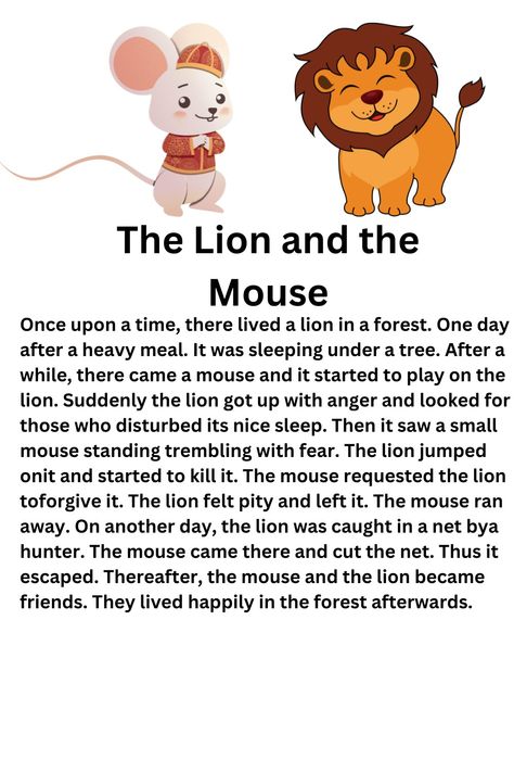 #english The Lion And The Mouse Story, Lion And Mouse Story, Small English Story, Short Story English, Lion And Mouse, Cute Short Stories, The Lion And The Mouse, Small Stories For Kids, English Moral Stories