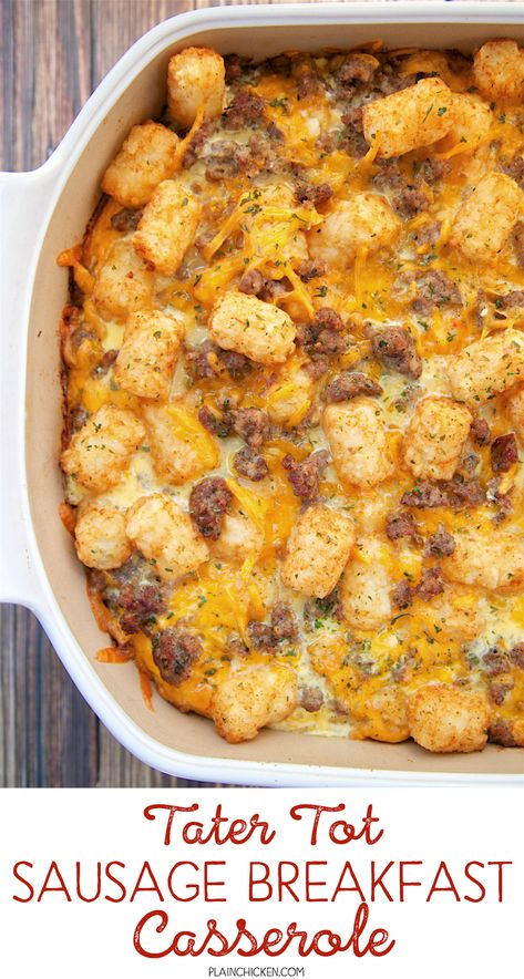 Tater Tot Sausage Breakfast Casserole | Plain Chicken® Tater Tot Sausage Breakfast Casserole, Sausage Hashbrown Breakfast Casserole, Sausage Breakfast Casserole, Tater Tot Breakfast Casserole, Best Breakfast Casserole, Tater Tot Breakfast, Hashbrown Breakfast Casserole, Breakfast Party, Diner Recept