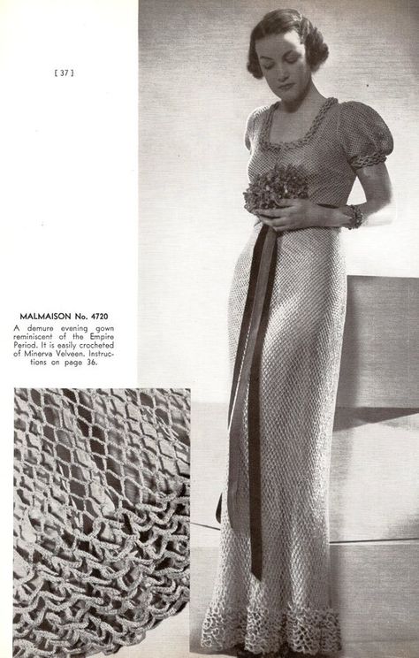 1930s Crochet, Crochet Gown, Evening Gown Pattern, Fashion Timeline, Vintage Crochet Patterns, Evening Dresses Vintage, Vintage Crochet Pattern, Gown Pattern, Crochet Fashion Patterns