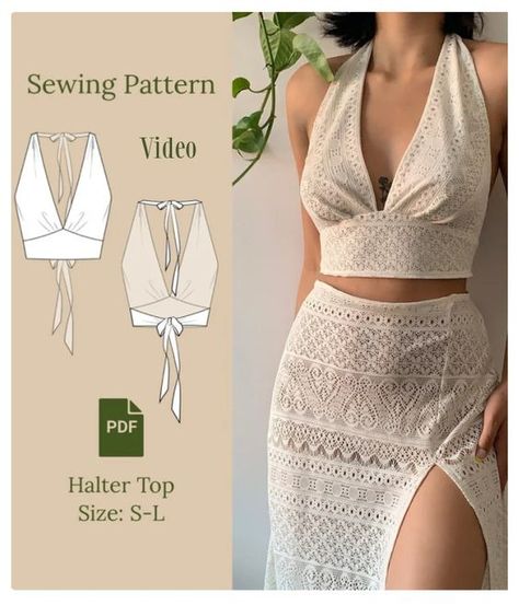 Halter Top Sewing, Halter Top Sewing Pattern, Top Sewing Patterns, Top Pattern Sewing, Fabric Art Diy, Diy Clothes Patterns, Clothing Pattern Design, Halter Top Pattern, Sewing Top