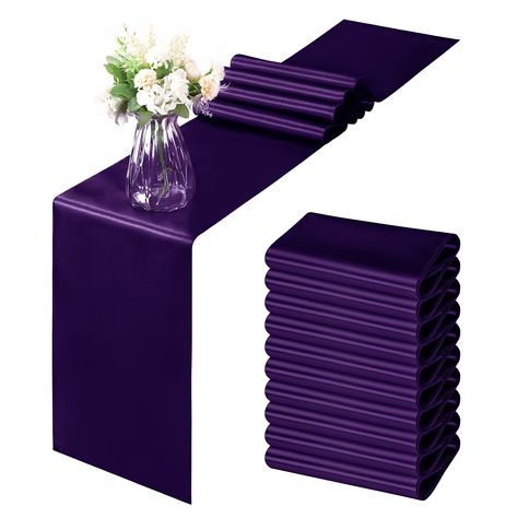 Black And Purple Wedding Table Setting, Purple Table Runner Wedding, Table Runners For Wedding, Satin Table Runner, Purple And Silver Wedding, Purple Wedding Decorations, Purple Table, Light Highlights, Wedding Activities