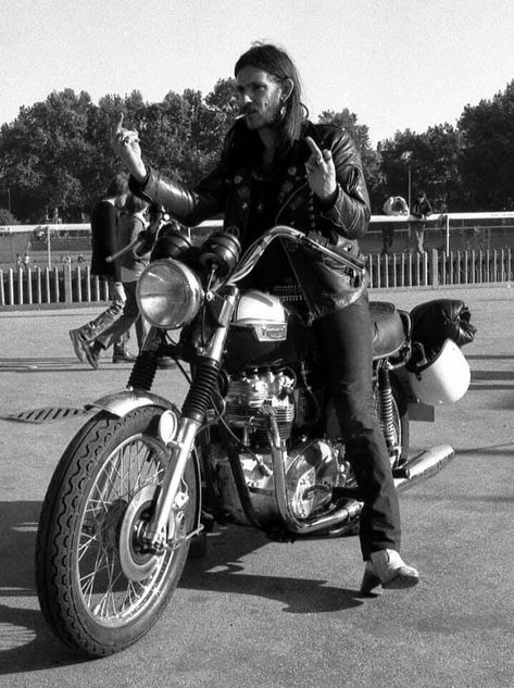 Lemmy Kilmister of Motörhead sitting on Jean-Jacques Burnell’s Triumph Bonneville C170 , 1978 . ❤ Lemmy Motorhead, Lemmy Kilmister, Steve Vai, Outdoors Tattoo, Rock N’roll, Rock N Roll Music, Triumph Bonneville, Triumph Motorcycles, Music Legends