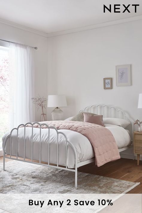 Stella Metal Bed Frame White Bed Frame Metal, Bed Frame For Small Bedroom, Single Bed White, Cream Metal Bed Frame, White Metal Frame Bed, White Metal Bed Frame Aesthetic, White Wire Bed Frame, Wire Bed Frame Aesthetic, Sagstua Bed Ideas