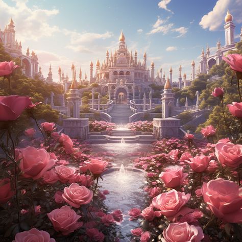 "The Rose Kingdom" Step into the enchanting "Rose Kingdom," where regal beauty blossoms. Adorned in petals of royal hues, this realm is a tapestry of flourishing gardens and majestic roses. The sovereign, a symbol of grace, oversees a court where fragrance dances on the breeze. Explore a kingdom where every petal whispers tales of elegance and natural splendor. Acotar Pink Aesthetic, Pink Kingdom Fantasy Art, Ethereal Kingdom Aesthetic, Royal Rose Garden, Royal Fairy Aesthetic, Flower Kingdom Fantasy Art, Majestic Paintings, Flower Castle, Flower Kingdom