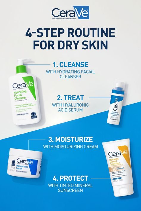 Build a routine to cleanse, treat, moisturize and protect dry skin with CeraVe, the #1 dermatologist recommended moisturizer brand. Cerave Skincare, Dry Skin Routine, Haut Routine, Serum For Dry Skin, Face Skin Care Routine, Dry Skin Care Routine, Dry Skin On Face, Basic Skin Care Routine, Lotion For Dry Skin