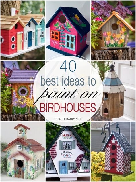 40 Painted birdhouses - Craftionary Colorful Bird Houses Ideas, Fun Painted Bird Houses, Birdhouse Painting Ideas Easy Wood, Wood Bird Houses Diy, Cute Birdhouses Painted Ideas, Birdhouse On Post Ideas, Painted Yard Art, Building A Bird House, Paint Bird Houses Ideas