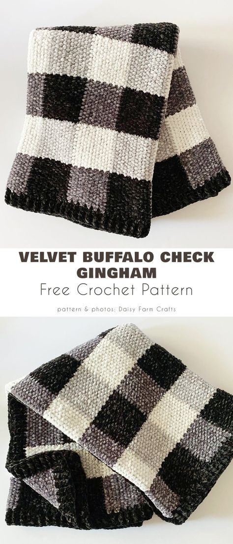 Crochet Velvet Buffalo Check Gingham Buffalo Check Blanket, Black And White Buffalo Plaid Crochet Blanket, Buffalo Plaid Crochet Blanket Pattern Free, Forever Fleece Yarn Crochet Patterns, Buffalo Plaid Blanket Crochet, Crochet Blanket Patterns Plaid, Buffalo Check Granny Square Blanket, Buffalo Check Crochet, Crochet Flannel Pattern