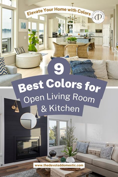 Oh my, how I wish i knew about these paint ideas for open living room and kitchen sooner! From classy living room color schemes & living room color combination to more vibrant and unique choices, you'll find the right match for your open living room and kitchen, that's for sure! Essen, Open Concept Kitchen Living Room Colors, Color Schemes Living Room, Open Living Room And Kitchen, Room Interior Colour, Living Room Design Colour, Dining Room Colour Schemes, Living Room Color Combination, Living Room And Kitchen Design