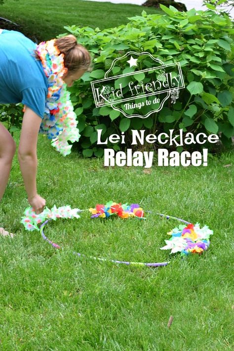 This Lei Necklace Realy Race is easy and hilarious to watch. It's perfect for your summer or Hawaiin themed party. Great for kids of all ages and adults. www.kidfriendlythingstodo.com #summer #game #outdoor #kids #teens #adults #hawaiian #luau #easy Hawaiian Day Activities For Kids, Lilo And Stitch Games, Hawaiian Games, Hawaii Games, Tropical Games, Hawaiian Party Games, Hawai Party, Luau Games, Luau Party Games