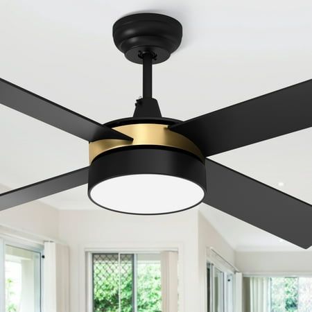 Introducing our Ceiling Fan with Light and Remote - the perfect combination of style and functionality. This modern light fan features a 52in blade span with 4 blades, designed to provide optimal air circulation throughout any room. The 3-speed setting allows for customized comfort, while the quiet motor ensures peaceful operation. Perfect for indoor and outdoor use, this ceiling fan with light is a versatile addition to any home. The remote control system allows for easy operation, letting you Black And Gold Dining Room Light Fixture, Ceiling Fan For Office, Modern Glam Light Fixtures, Indoor Ceiling Fans With Lights, Bedroom With Ceiling Fan Ideas, Ceiling Fan Design Living Room, Black Ceiling Fan Living Room, Large Black Ceiling Fan, Office Ceiling Fan