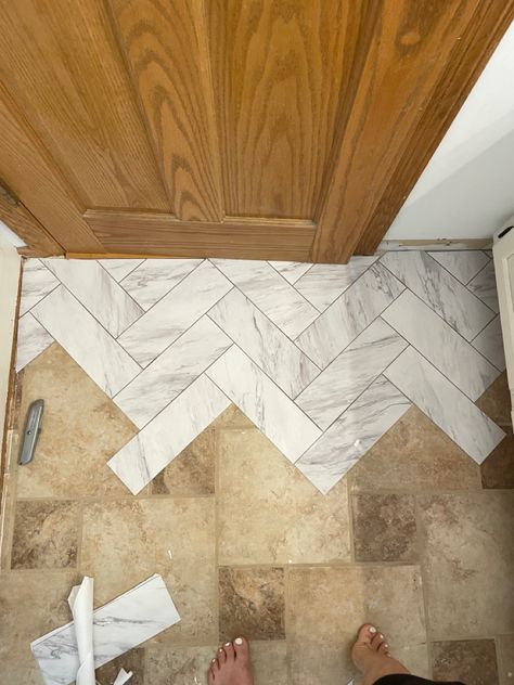 Marble look peel and stick tile Fake Floor Tile, Bathrooms With Peel And Stick Tile, Entryway Peel And Stick Tile, Peel And Stick Floor Over Ceramic Tile, Peak And Stick Tile, Tile Floor Upgrade Diy, Tile Shower On A Budget, Vinyl Peel And Stick Tiles, Diy Tile Update