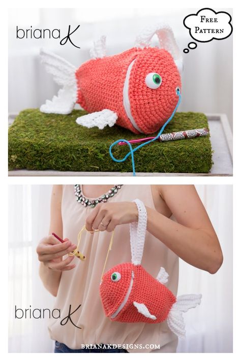 Fish Wristlet Yarn Holder Bag Free Crochet Pattern Yarn Buddy, Fish Crochet, Bag Free Crochet Pattern, Crochet Organizer, Crochet Market, Crochet Fish, Bag Crochet Pattern, Yarn Holder, Debbie Macomber